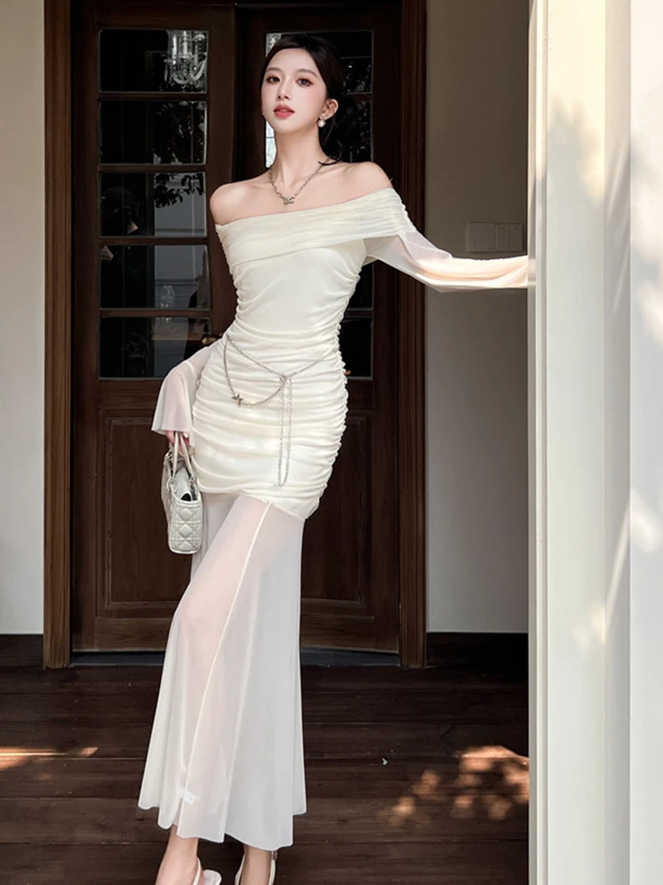Femmes vêtements de soirée maille pure Sexy épaules dénudées maigre Maxi longue Robe en queue de poisson élégante dame mode fête bal robes Robe