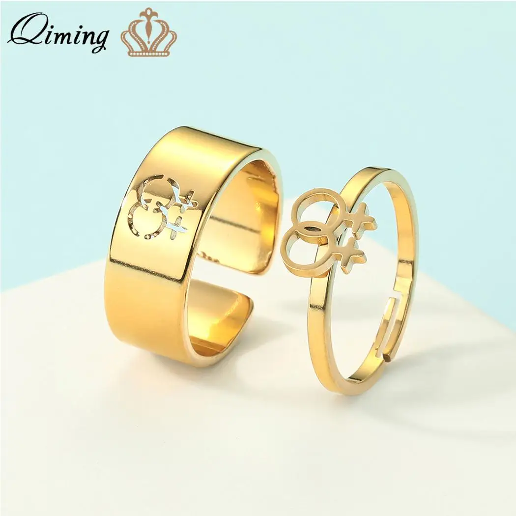 QIMING-حلقة وعد مطابقة المثليات للأزواج ، مجوهرات الفولاذ المقاوم للصدأ ، مجموعات خواتم قابلة للتعديل