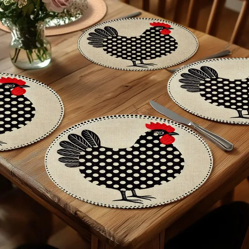 VIKAMA Wave Point Black Hen Placemat - Round Heat Resistant Table Mat, Rural Farm Style Dining Table Decoration