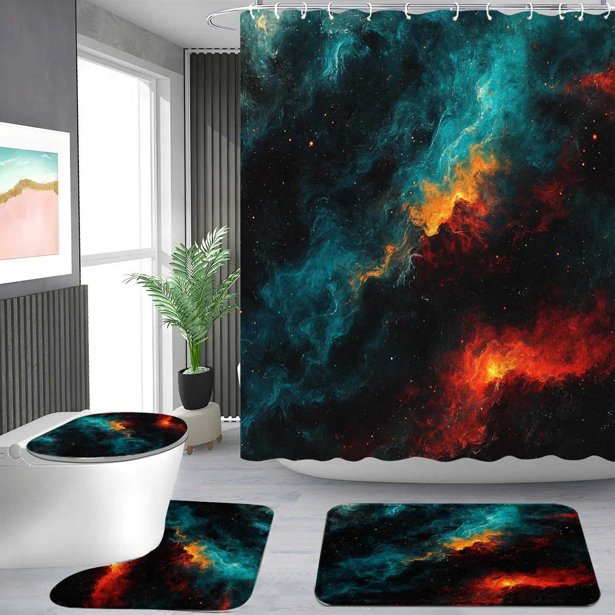 4pcs Shower Curtain Set, Abstract Nebula Design, Modern Bathroom Decor, Includes 12 Hooks, Non-Slip Bath Mat, U-Shaped Toile