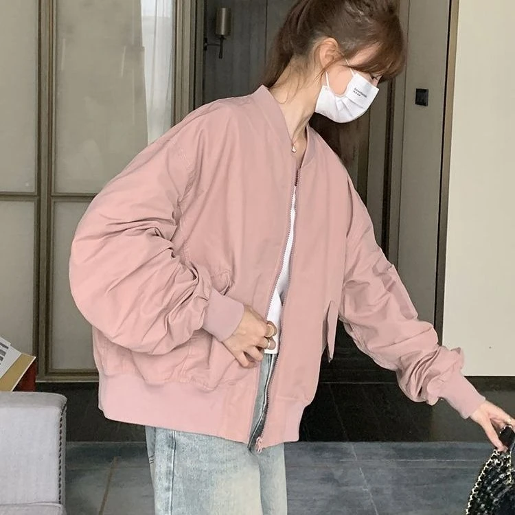Korean Style Women's Baseball Jacket Spring Autumn Cropped Loose Casual Bomber Coat Trendy Short Outerwear