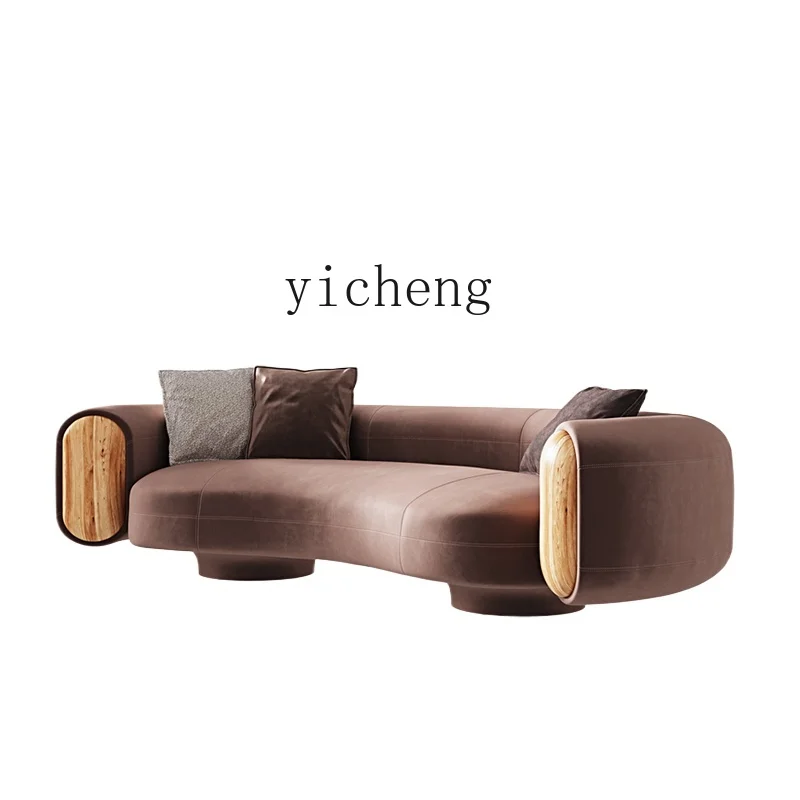 YY Small Apartment Living Room Matte Top-Grain Leather Elm Arc Fabric Sofa