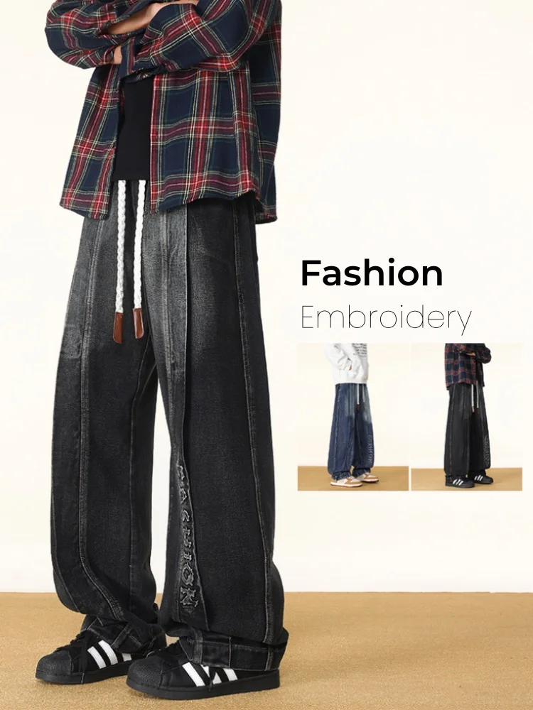 فضفاض موضة مطرزة الجينز الرجال الخريف جديد مستقيم بناطيل كاجوال مريحة واسعة الساق الشارع الشهير الذكور الدنيم السراويل #1