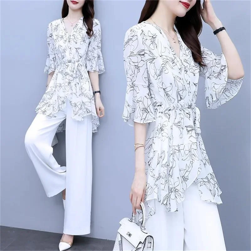 Two Piece Set For Women\'s Summer 2024 New High-End Fashiona Chiffon Beautiful Long T-Shirt And White Pant Suits Female Elegant