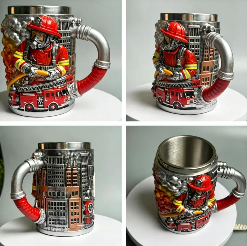 Fireman 3D Relief Resin Mug, Stainless Steel Liner Beer Tankard, Creative Firefighter Souvenir, Bar Tabletop Decor Drinkware