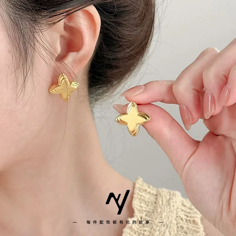 

Luxury 24K 9999 Pure Gold real gold Women's Fashion Four-Corner Stud Earrings
