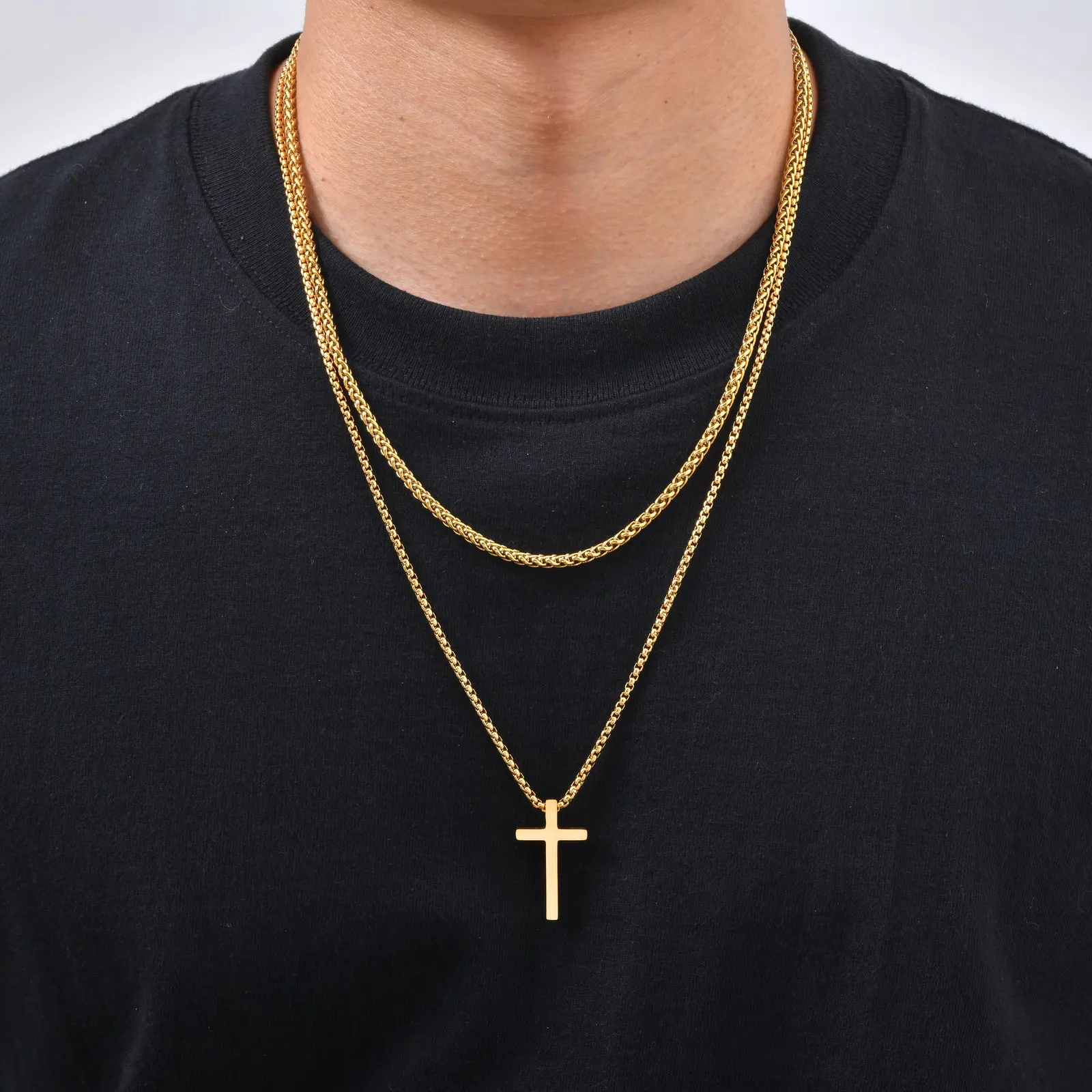 Vnox Mehrschichtige Kreuz-Halskette, Edelstahl-Mehrfachketten-Halsketten mit gedrehtem Panzerketten-Anhänger, Hip-Hop-Schmuck mit religiösem Motiv für Männer. – Detail 17