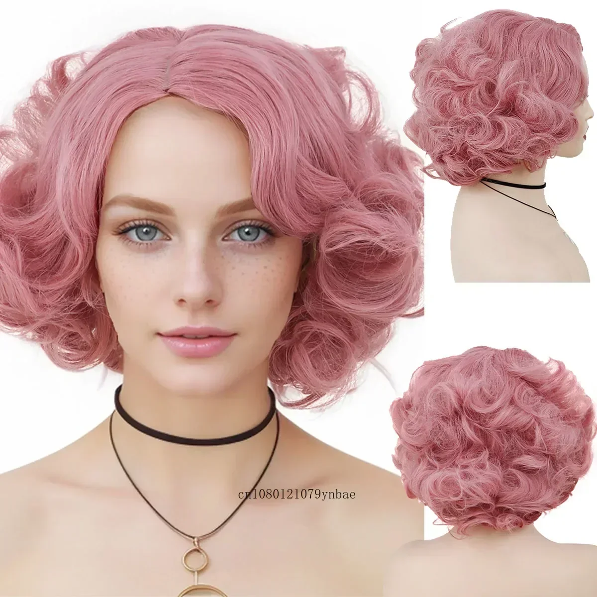 Pink Lolita Cosplay Synthetic Wig for Women Girls Short Big Wavy Curly Wigs Costume Party Halloween Christmas Natural Looking