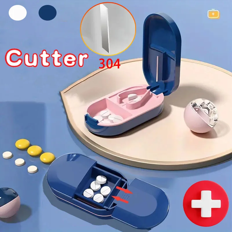 Portable Multiple Pill Cutter with Storage Box Pill Crusher Adjustable Pill Splitter Stainless Steel Cutting Blade