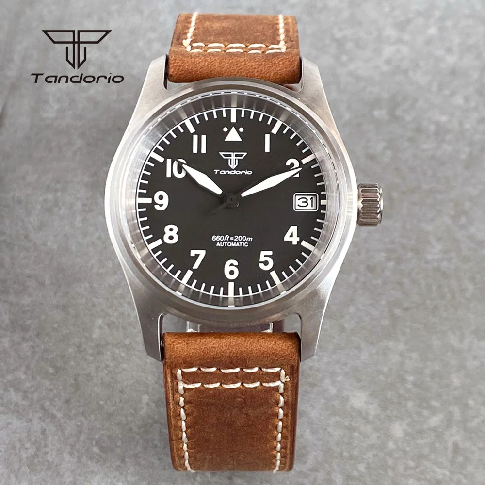 

Tandorio Steel 36mm Pilot Men Automatic Watch Aviator Date NH35A Simple Dive Mechanical Field Wristatch 20BAR Luminous Leather