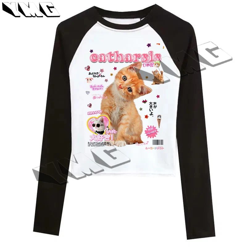 

Топы с длинными рукавами для девочек в стиле эмо, эстетическая уличная одежда, готический панк, милый кошачий принт, укороченный топ, женская одежда в стиле ретро Harajuku Fairy
