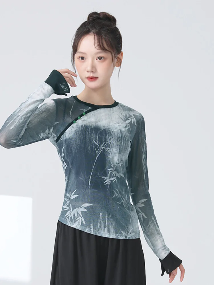 

Тонкий балетный топ с градиентной сеткой тай-дай и длинными рукавами для сценического выступления и современного танцевального костюма, футболка