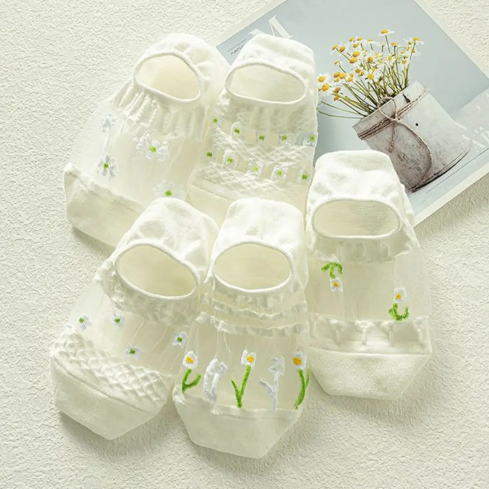 

10Pairs Hosiery Floral Glass Silk Boat Socks Thin Breathable Flower Invisible Socks Glass Silk Sweet Mesh Short Sock Summer