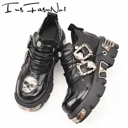 New Men Gothic Skull Boots Black Women Shoes Designer Punk Metal Platform Walking Sneakers Skeleton Metal Buckles Street Cosplay