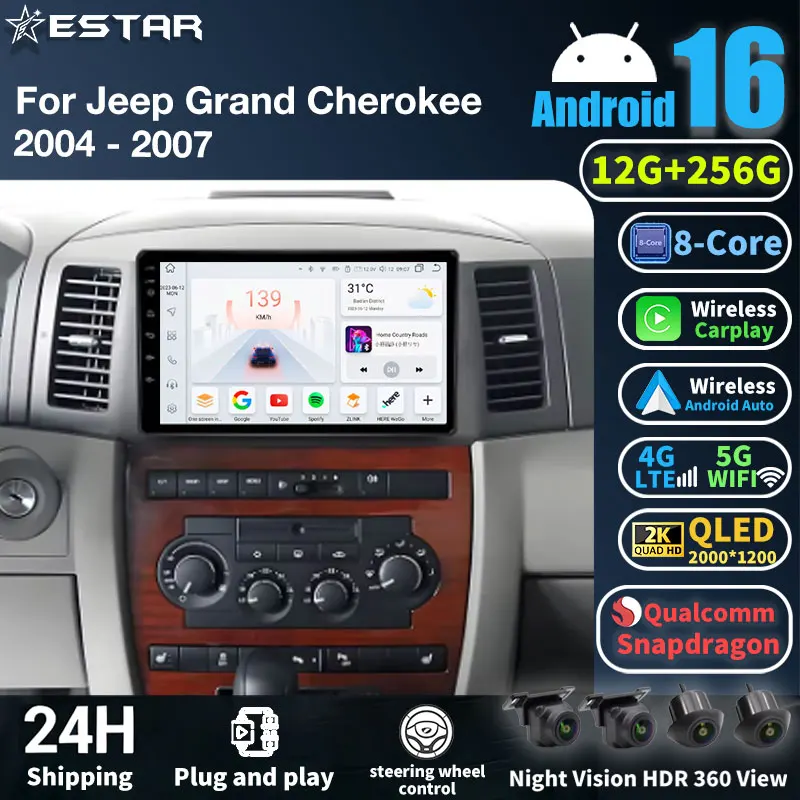 10 inch Android 16 For JEEP Grand Cherokee 2004 2005 2006 2007 Car Radio BT Carplay Multimedia Navigation 2K QLED Screen