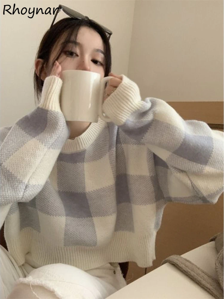 

Pullovers Women Argyle Cropped Preppy Korean Style Knitting Elegant Vintage Harajuku Females Sweet Design Trendy Stylish Casual