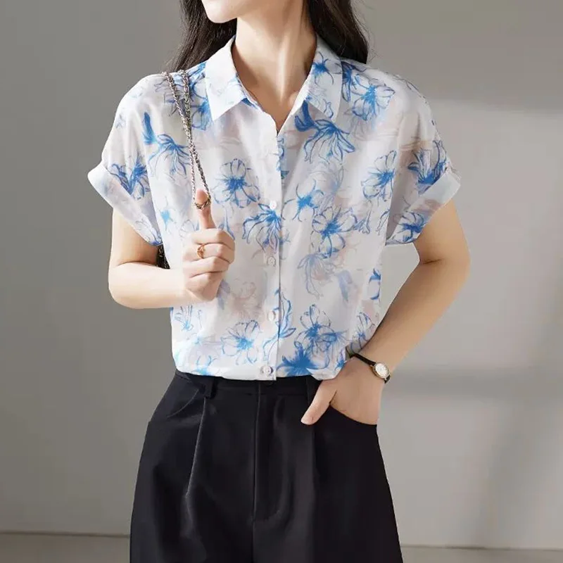 Fashion Korean Turn-down Collar Floral Printing Blouse Summer Clothes Office Lady Single Breasted Loose Chiffon Women\'s Shirt