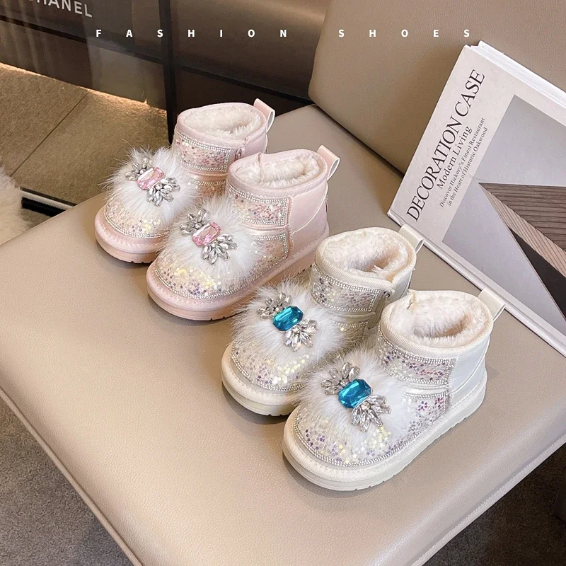 

Girls Ankle Boots Round Toes Soft Sole Kids Short Boots with Shiny Sequin 2025 Winter New Children Princess Boots with Thick Fur