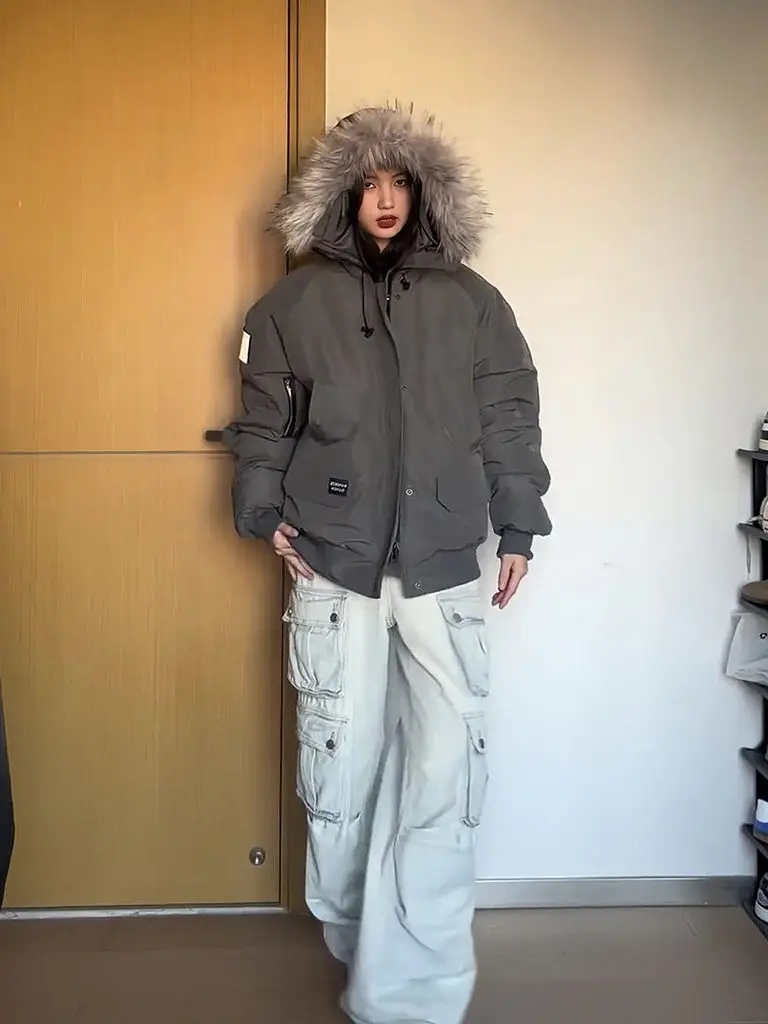 

Parkas Curvy Womens Autumn Cotton Thickened Lady Silhouette Wool-Feel Hip-Hop Hooded Elegant Drawcord Personality Midi Smooth OL