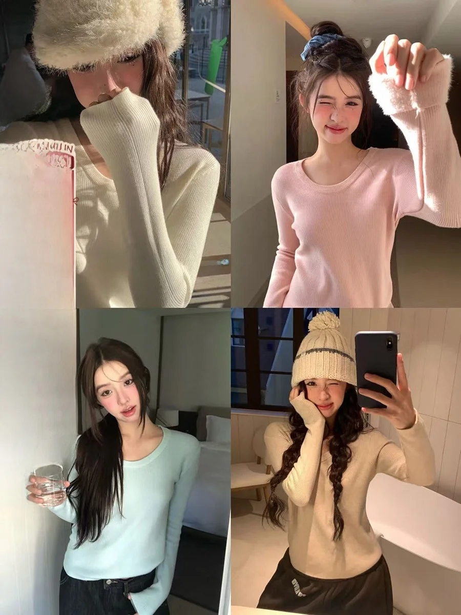 

Трикотажная футболка с U-образным вырезом и флисовой подкладкой, разноцветная, повседневная, с длинным рукавом, для многослойных образов осенью и зимой