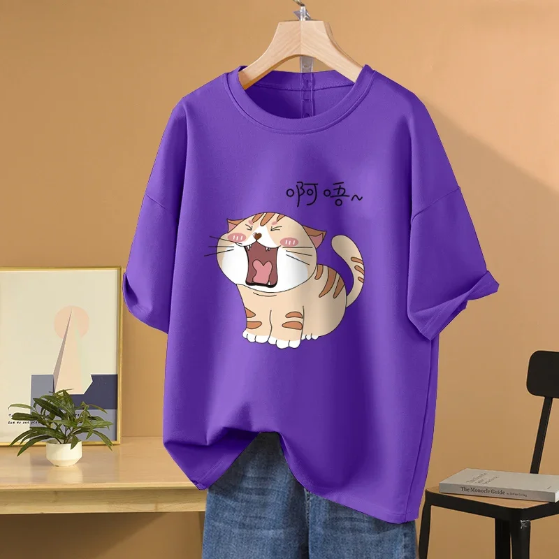 EBAIHUI 100% Cotton L-5XL Plus Size T Shirt Cat Print O Neck Tshirt Short Sleeve Women Top Basic Summer Couple Solid T Shirts