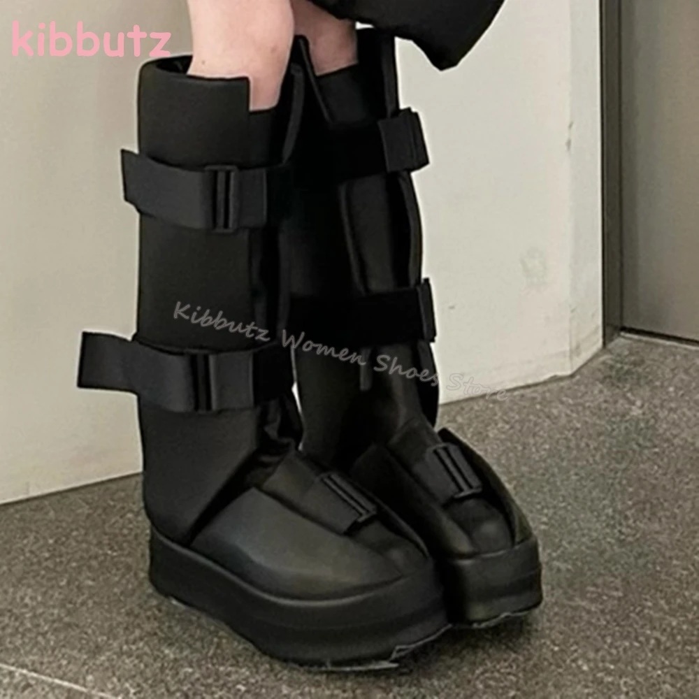 Motorcycle Knee High Boots Platform Genuine Leather Belt Buckles Round Toe Height Increasing Solid Color Fashion Concise Shoes