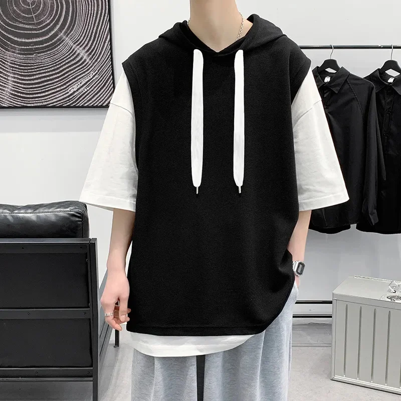 

Y2K Spring Summer Fake Two Pieces Hoodie Man 2024 New Short Sleeves Hooded T-Shirt Fashion Pullover Hoody Men's Clothing Hombre