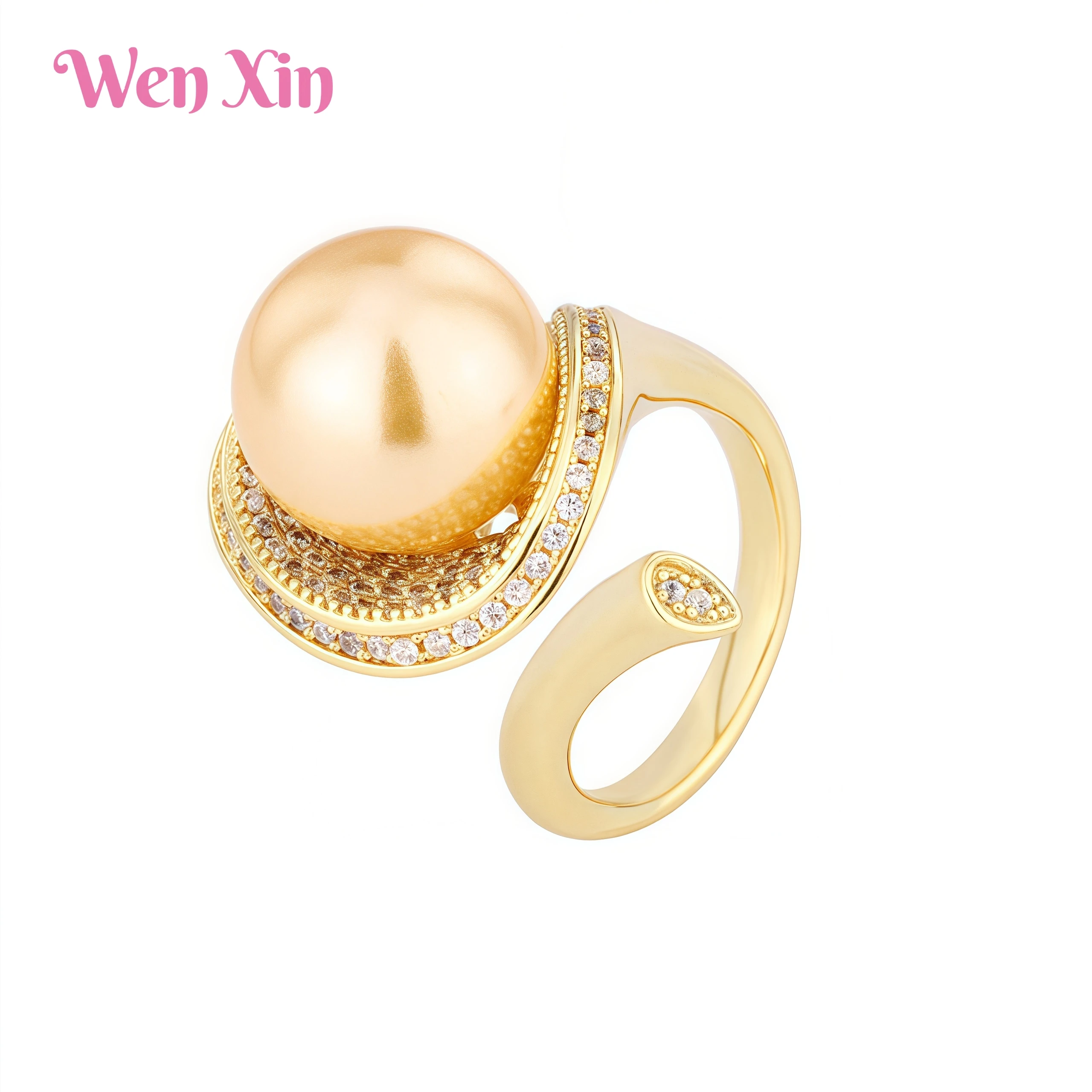

WENXIN Brand New Products High Luxury Brand Designer Certificated Copper Plated Vintage Pearl Cross Adjustable Ring Jewelry