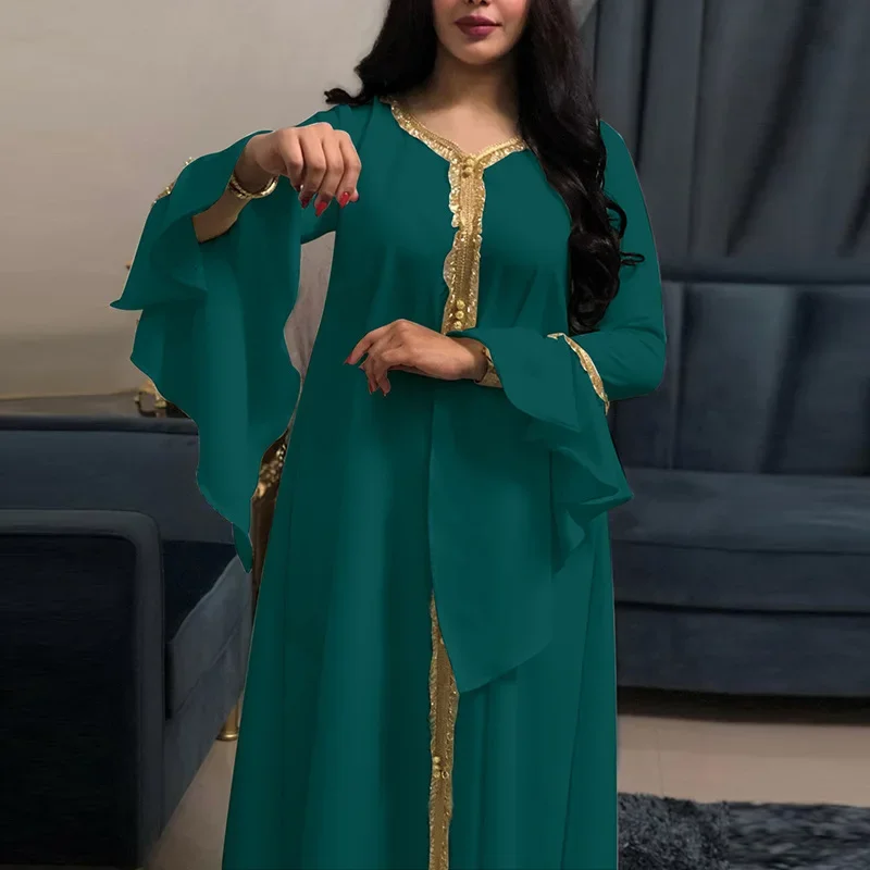 Malay-vestido musulmán de manga de loto para mujer, Abaya bordada, vestido de noche musulmán, caftán, Elegante