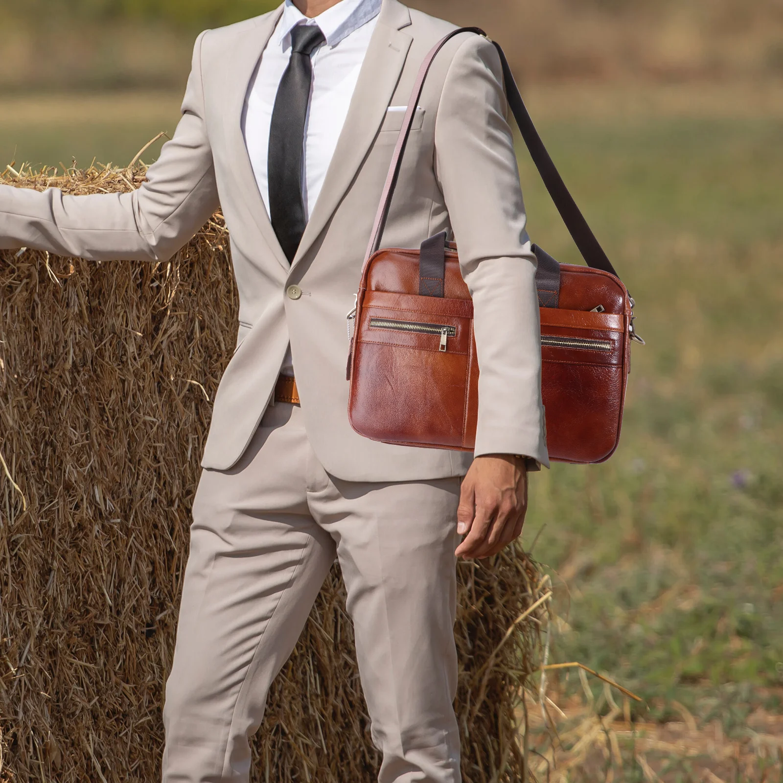 Coffee Durable Business Men's Handbag Large Capacity Shoulder Bag for Travel and Work Men Shoulder Bag