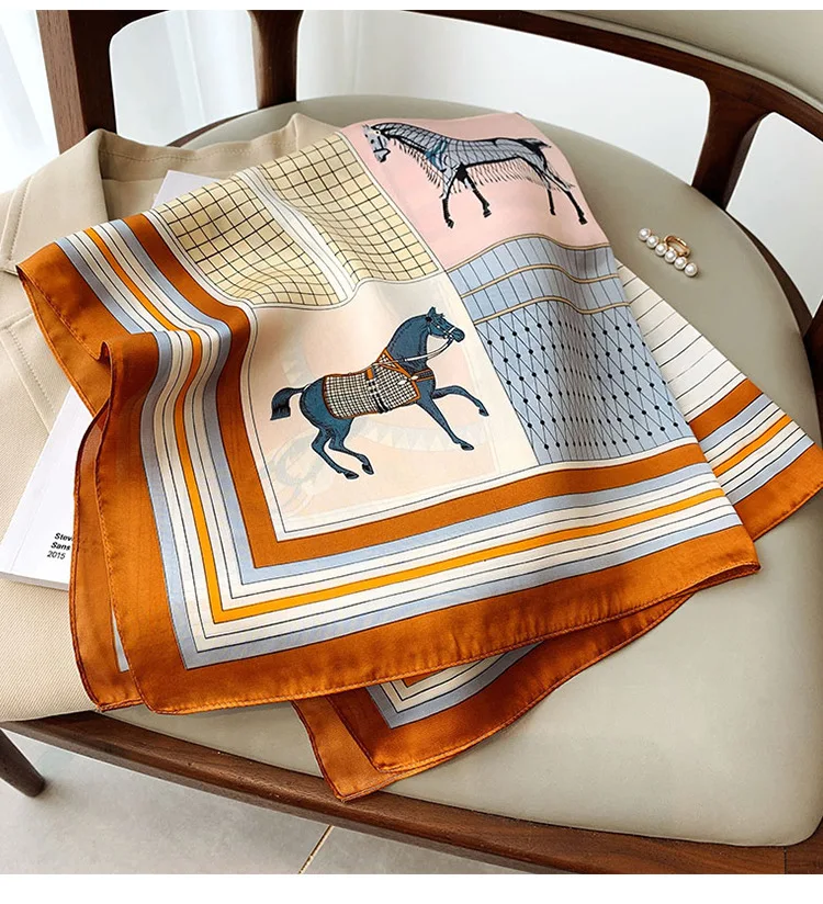 Neuer quadratischer Seidenschal mit Vier-Jahreszeiten-Pferd-Aufdruck, 70 x 70 cm, modisches Vier-Jahreszeiten-Stirnband, luxuriöser Sonnenschutz-Schal, Bandanas – Detail 9