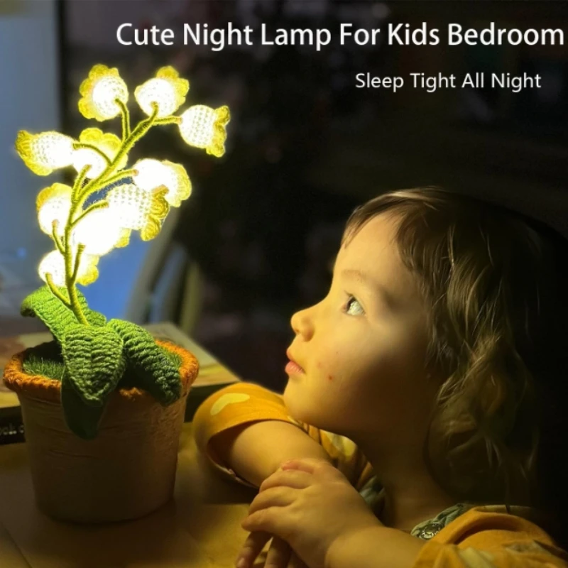 Lily of The Valley Lamp,Crochet Artificial Flowers with Night Lights,Cordless Table Lamp- Women Gift Ideas,Desk Home Decorations