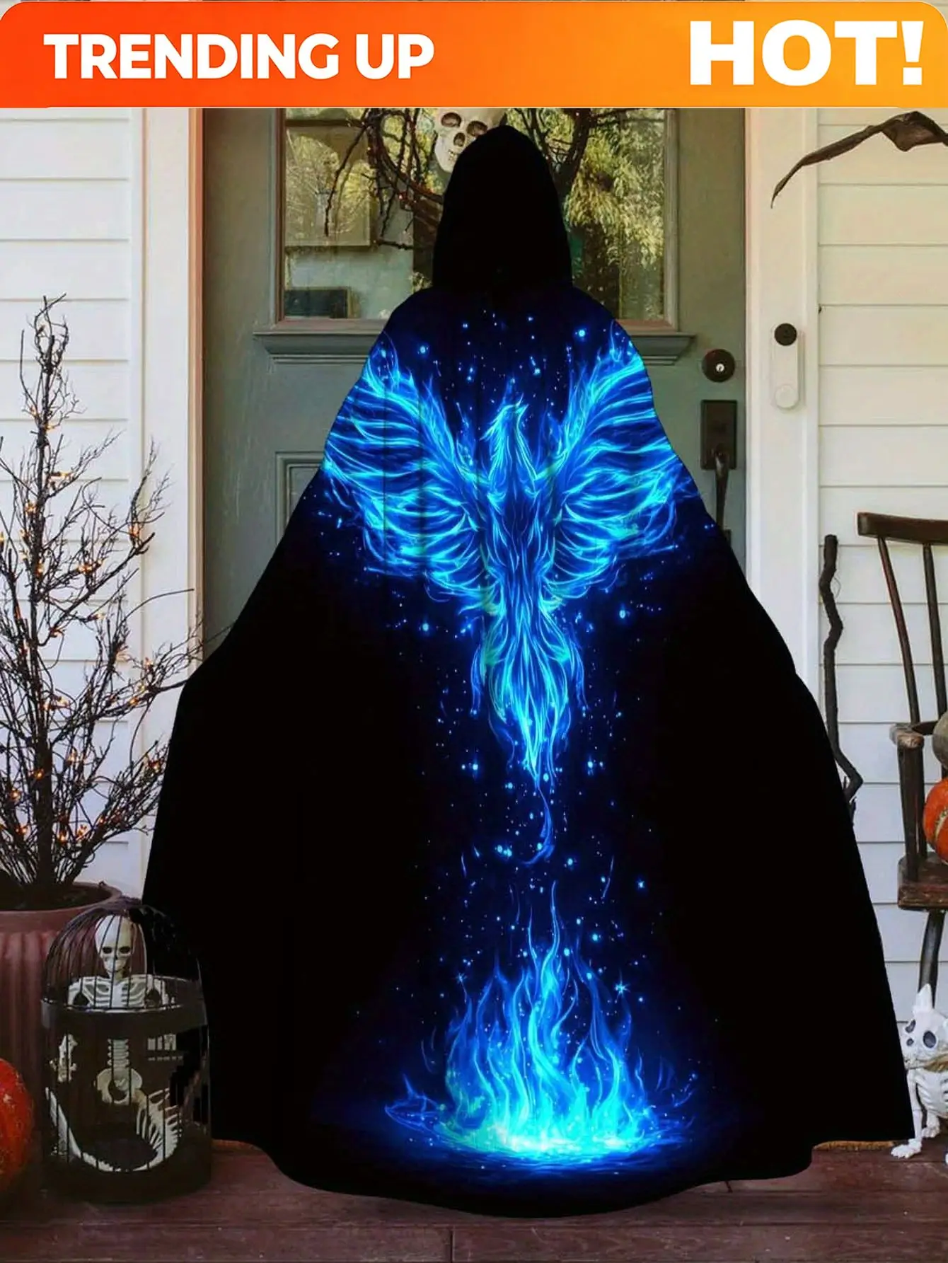Customization 1pc Adult Hooded Cloak Robe Costume - Full-Body Glowing Blue Phoenix & Flames Cape, Machine Washable Glossy Fire E