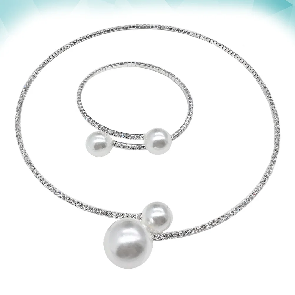 

2Pcs Pearl Necklace Bracelet Set Women Bride Jewelry Hand Chain Wedding Anniversary Fashion Charm Women Bracelet