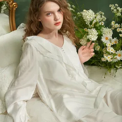 New Vintage  White /Pink Pajamas Sets For Women Long Sleeve Spring Autumn Loose Sleepwear Comfortable Homewear