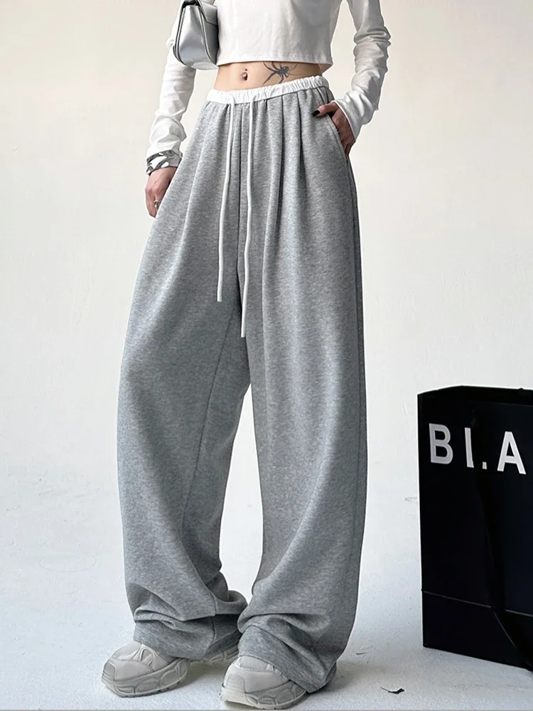 HOUZHOU Wide Leg Sweatpants for Women Sport Pants Casual Sportswear Oversize Gray Trousers Gym Female Korean Streetwear