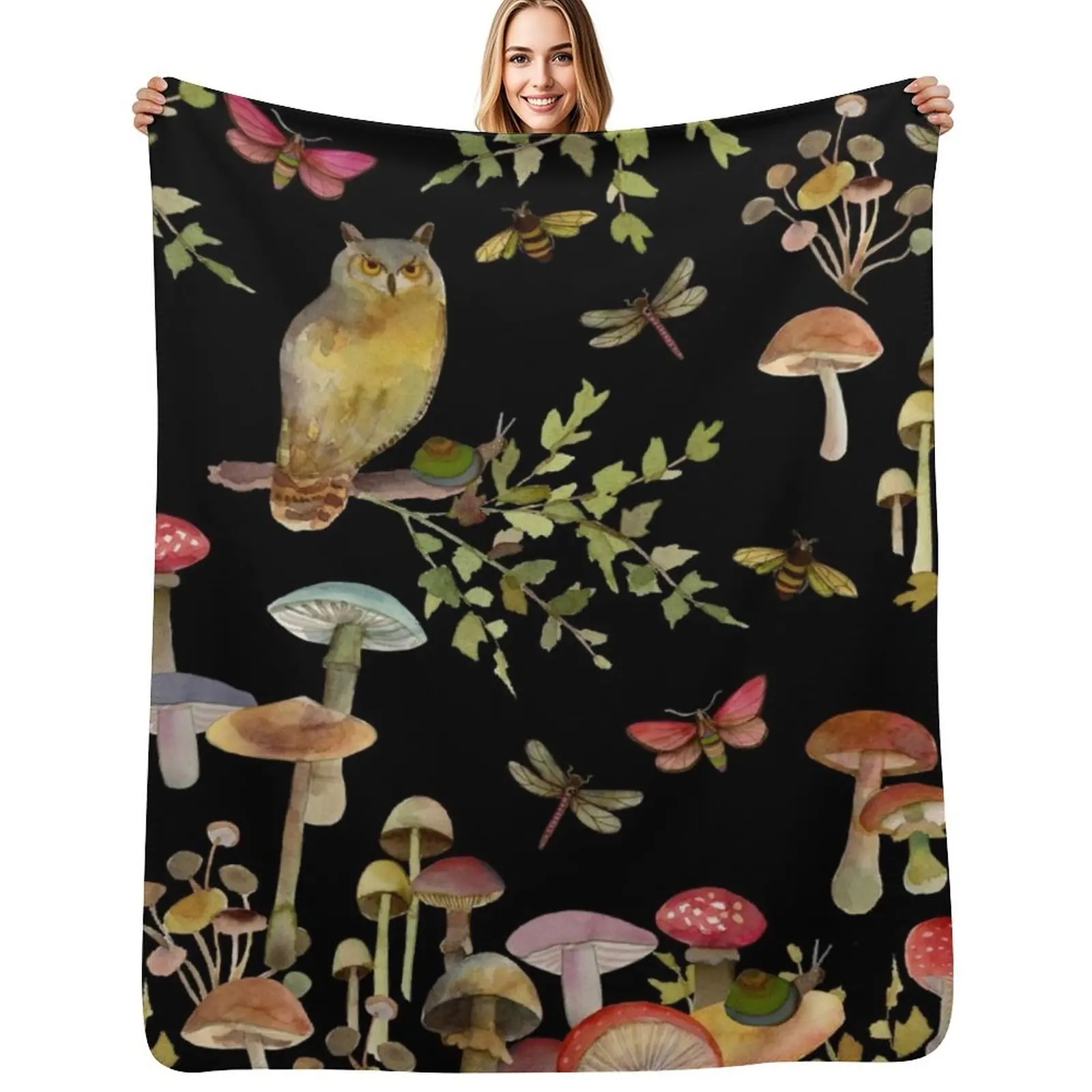 

Cottagecore OwlsMushrooms DragonfliesBees and Leaves on Black Throw Blanket Luxurious Soft Fuzzy Blanket for Sofa Bed