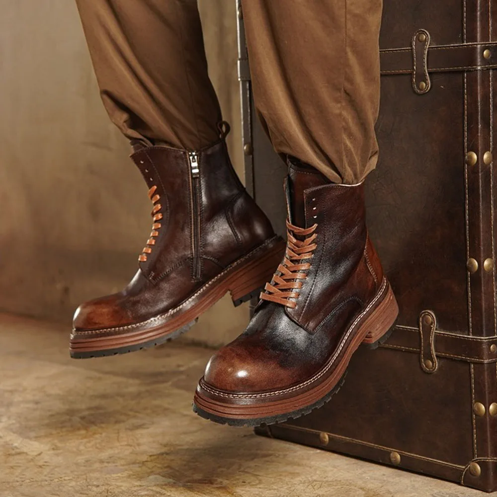 Cow Genuine Leather Motorcycle Boots British Brogue Shoes Platform Retro Big Head Mid-calf Western Chelsea Boots For Men Zipper