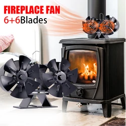 Ventilador de calefacción de doble cabeza negro, 12 aspas, chimenea, quemador de leña, alimentado por calor, Eco, silencioso, portátil, estufa, sin batería