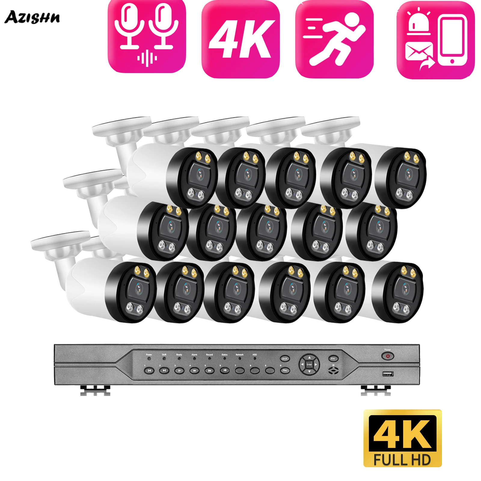 AZISHN Color Night Vision CCTV Segurança 16CH 4K POE NVR8MP Kit de vigilância de câmera IP