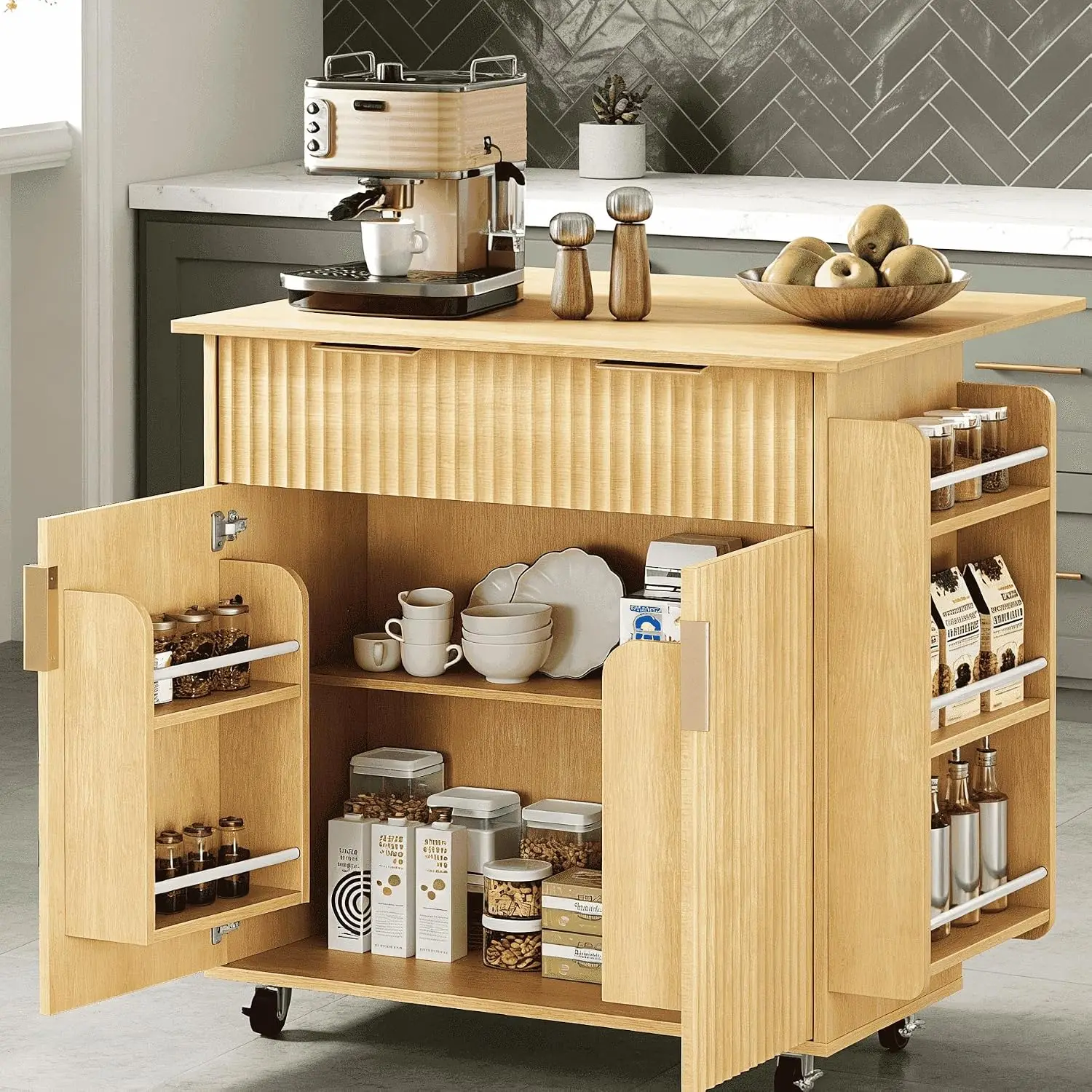 

Kitchen Island Cart With Storage Rolling Kitchen Cart On Wheels With Foldable Drop Leaf Rubber Wood Top Storage Organizer Cabinet Table Utility Serving Cart For Dining Room Kitchen, Oak