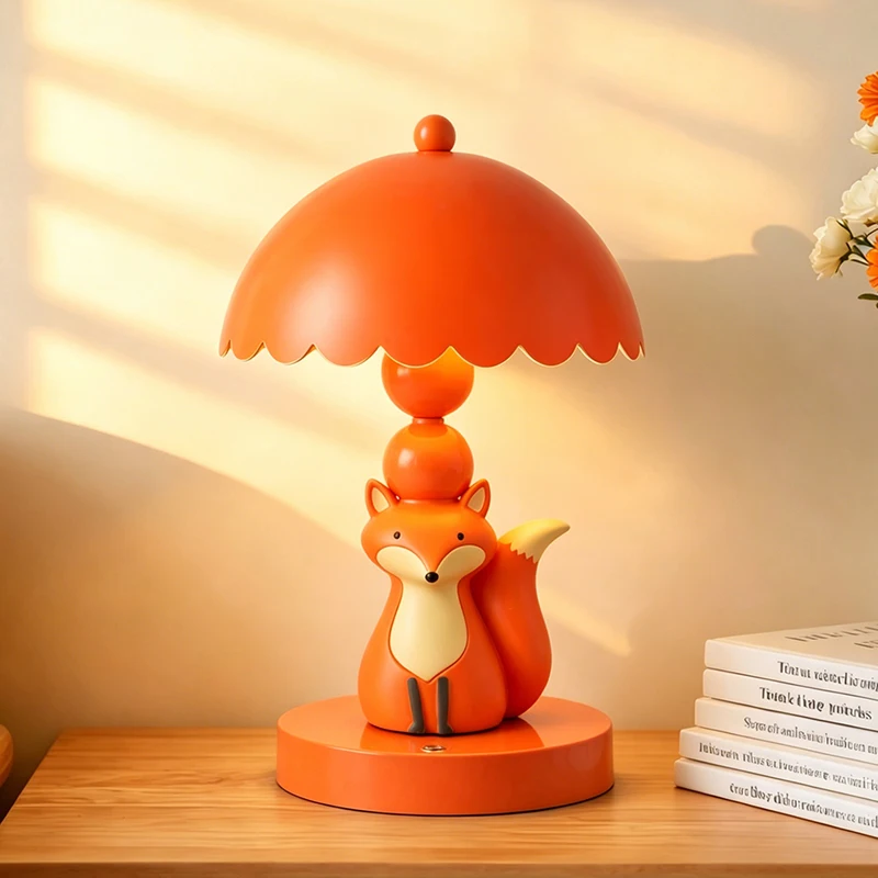 Cute Fox Resin Table Lamp USB Rechargeable 3 Color Dimmable Umbrella Shade Night Light Decor Gift for Kids Bedroom Desktop