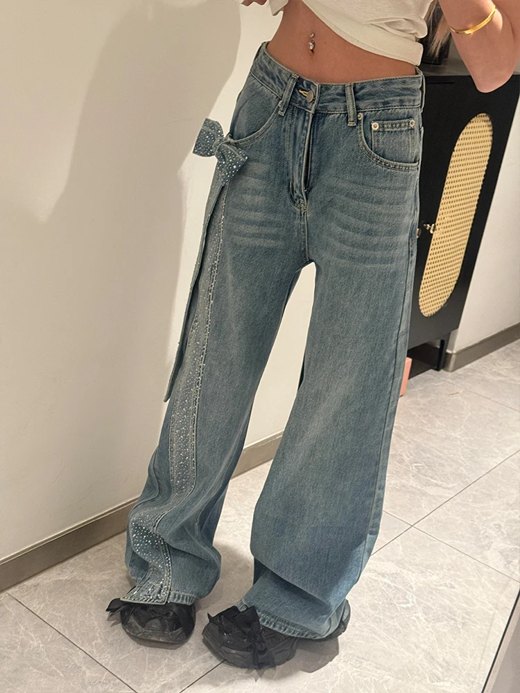 

American Sle Spicy Girl 3D Knot Diamond Denim Pants Women Spring New Retro Faion Long Pants High Waist Straight...