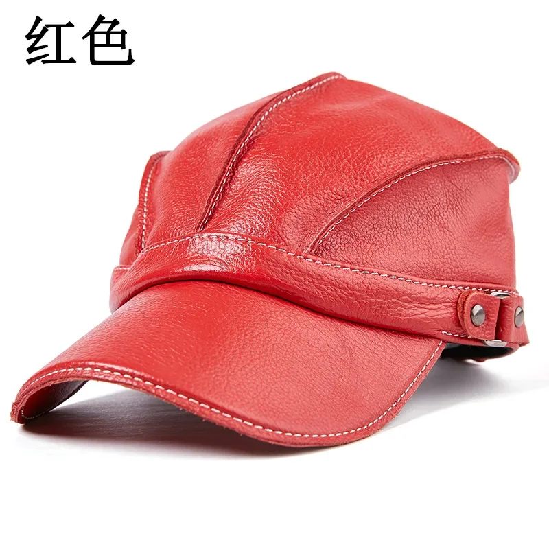 2026 Men's Genuine Leather Baseball Cap with Ear Flaps - Bright Red Top Grain Leather Peaked Hat for Winter Casual - view 2