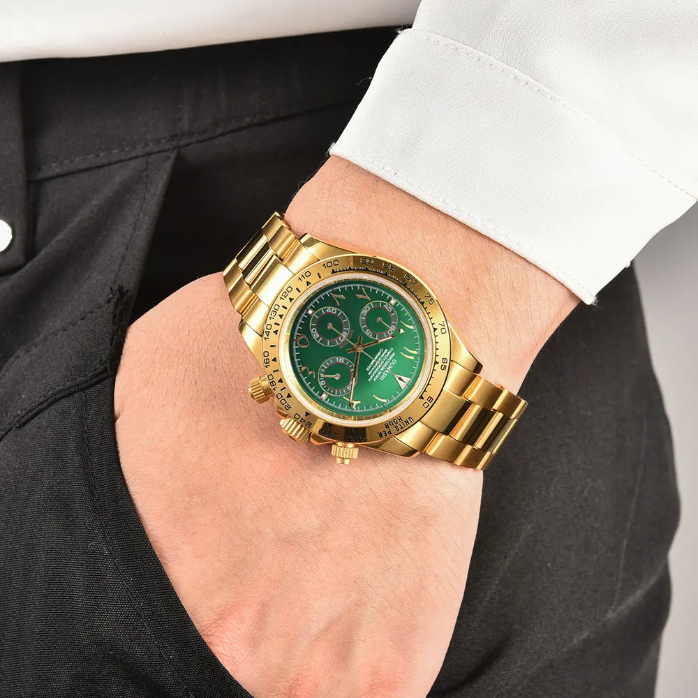 39 مللي متر ساعة رجالي VK63 حركة كوارتز كرونوغراف الياقوت الزجاج العربية الهاتفي الفاخرة رجال الأعمال ساعة مخصصة