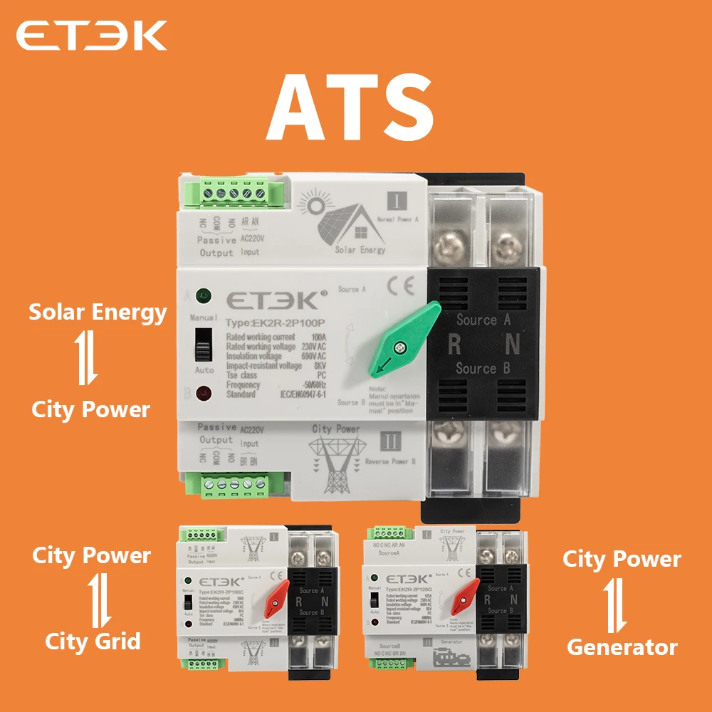 ETEC 2P 40A/63A/100A/125A 220V Mini ATS Automatic Transfer Switch Electrical Selector Switches Dual Power Switch