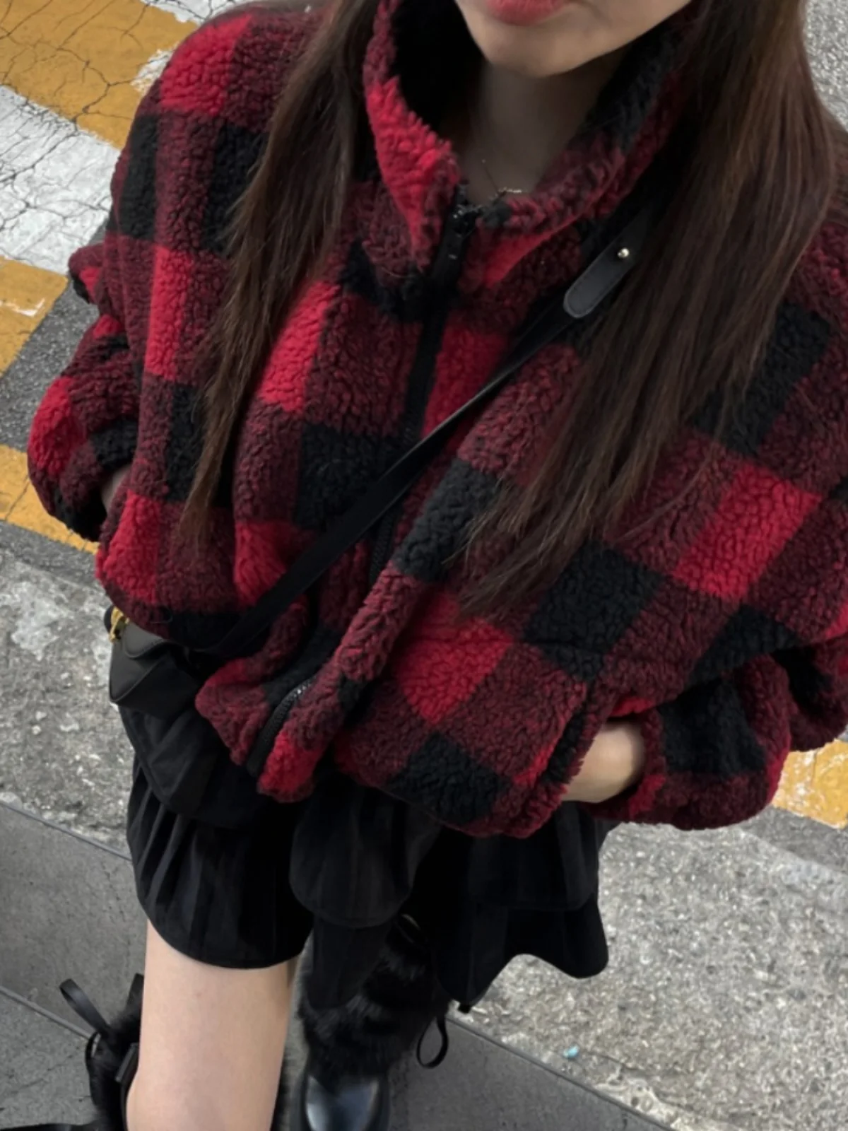 Retro Plaid Lammfell Jaet Damen Faionable Fluffy Zipper ort Oberbekleidung Trendiger Wintermantel Ladylike Loose Fit Baumwolle