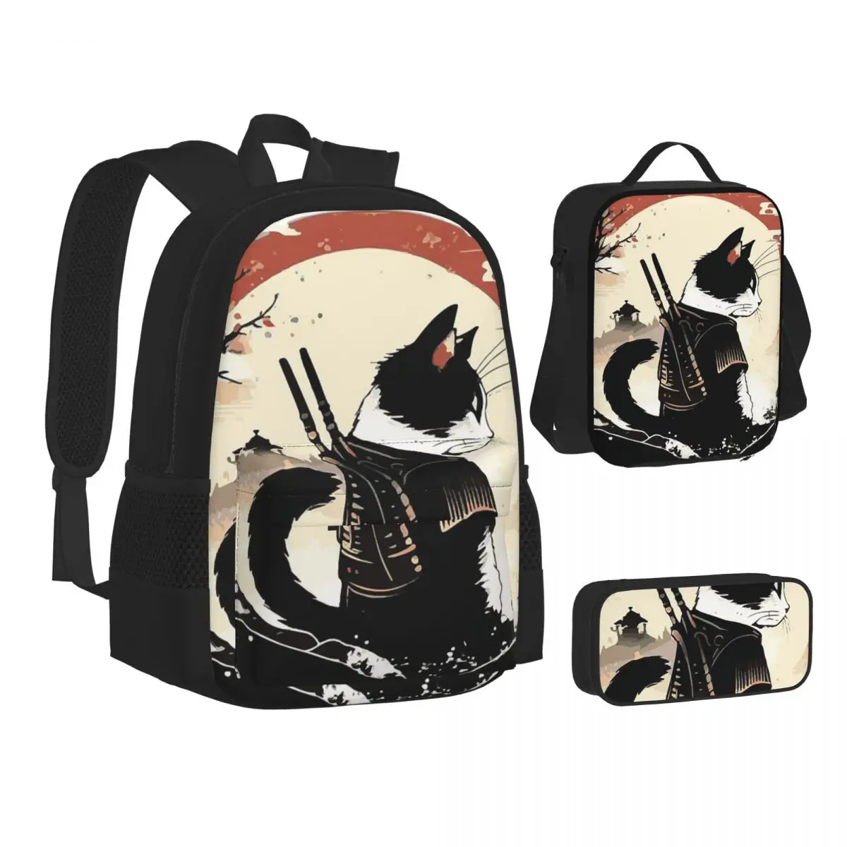 

Cats Anime Samurai Sword Backpacks Boys Girls Bookbag Children School Bags Kids Rucksack Lunch Bag Pen Bag Three-Piece Set