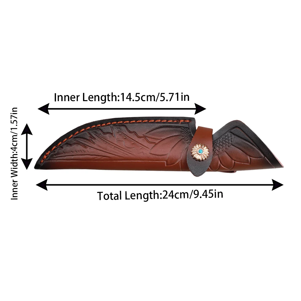 24cm Fixed Blade Knife Scabbard Embossed Cowhide Portable Holster Camping Knife Case Hunting Knife with Belt Buckle
