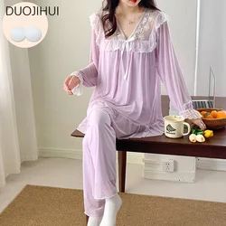 DUOJIHUI Chicly Lace Sweet Two Piece Female Pajamas Sets Spring Basic Long Sleeve Pullover Simple Pant Fashion Pajamas for Women